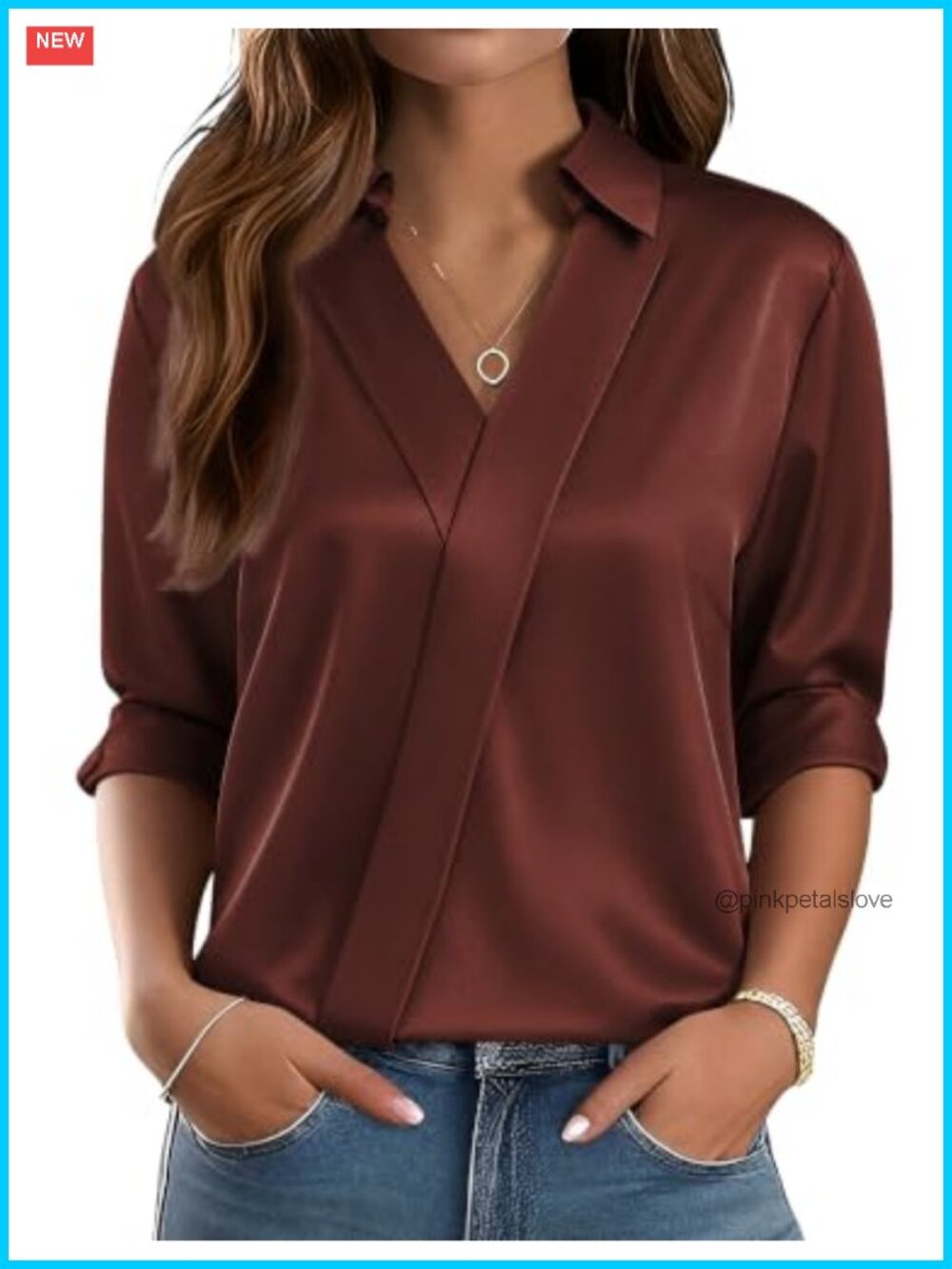 Satin V Neck Long Sleeve Blouse Dressy Casual Office Top